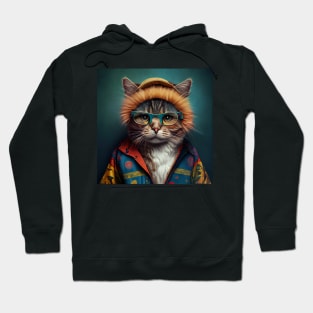 Cat wearing colorful jacket, hat and glasses Hoodie